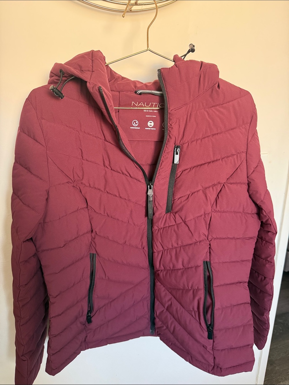 Nautica Hooded Quilted Puffer Jacket in Deep Wine